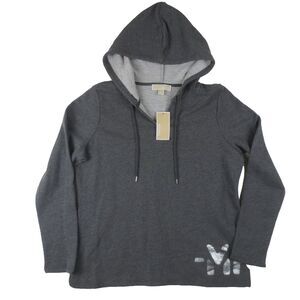 NWT Michael Kors Hoodie Womens Large Gray Long Sleeve‎ V Neck Logo Pullover